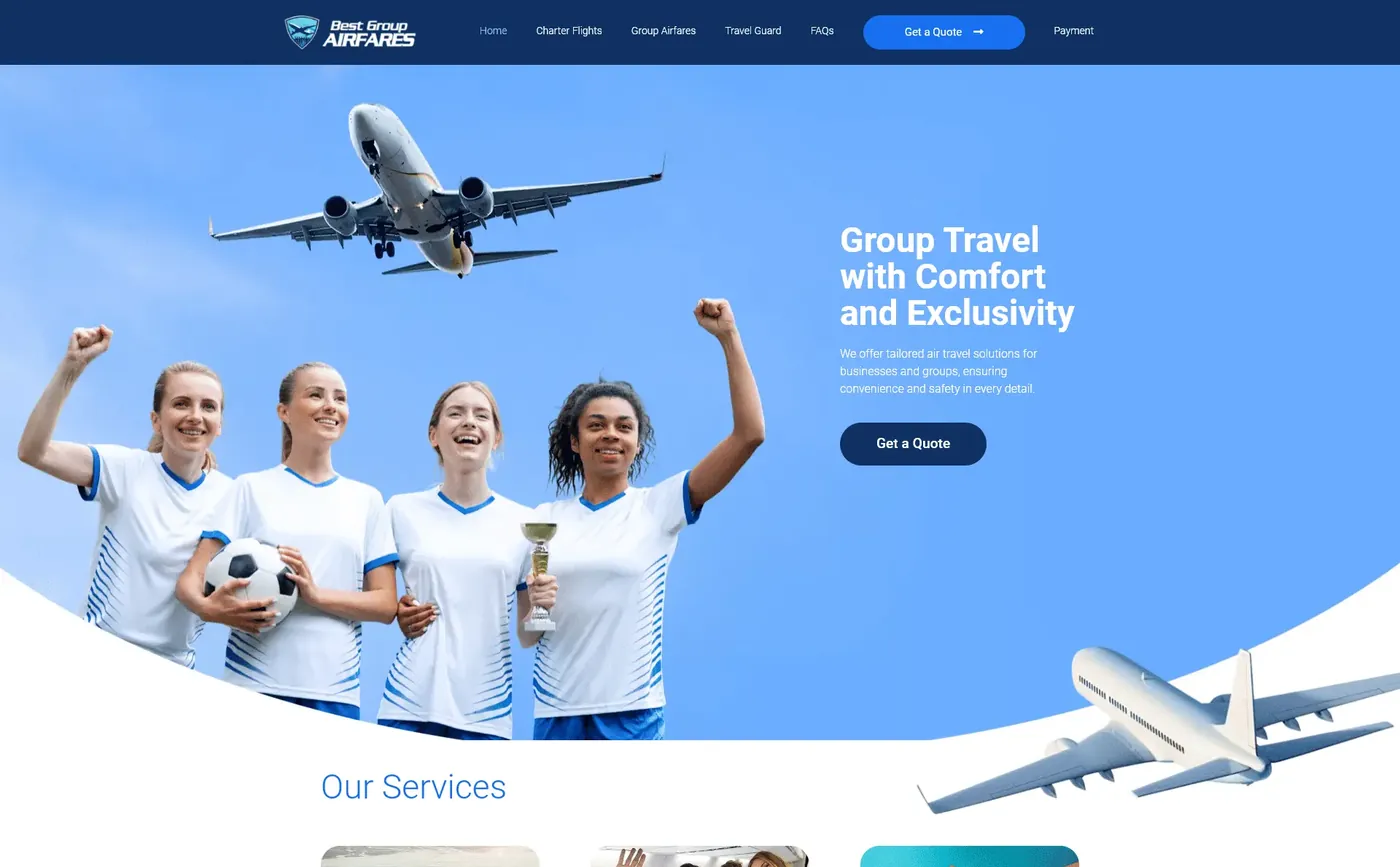 Tela inicial do site Best Group Airfares